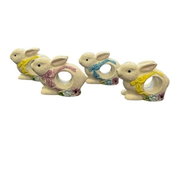 Set Of 4 Ceramic Bunny Napkin Rings With Pastel Bow Accents & Floral Details Spr - Picture 1 of 7
